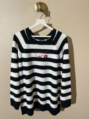torrid Black & White Striped Crew Sweater with Red Lip Accent